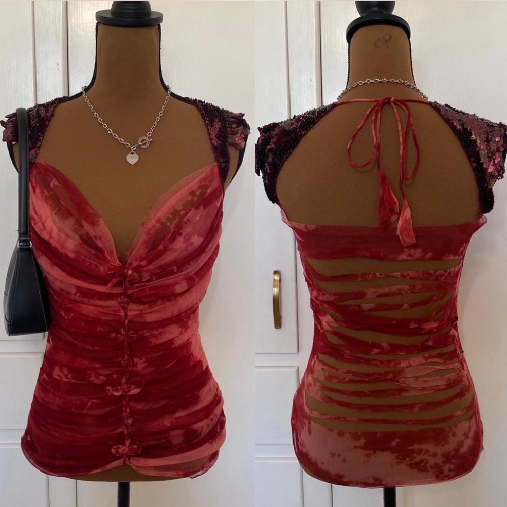 Rare Vampy Whimsigoth Vintage Mesh Bebe Top with Sequin Cap Sleeves
